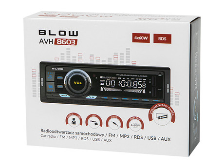 BLOW AVH8603 avto radio, 1DIN, RDS / FM Radio, Bluetooth, 4x60W, MP3 / USB / AUX, snemljiva plošča, daljinski upravljalnik