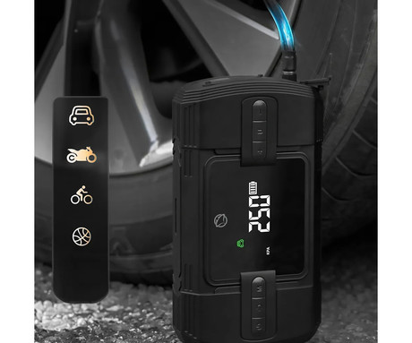 MANTA MAJS001AP 4V1 powerbank polnilna baterija, zagonska baterija / jump starter, brezžična zračna tlačilka / kompresor, LED luč, 12000mAh, 1200A, 150PSI/10.3bar, LCD zaslon, 12V adapter, USB Type-C