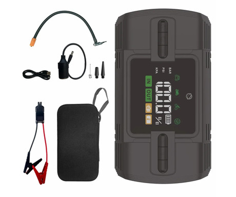 MANTA MAJS001AP 4V1 powerbank polnilna baterija, zagonska baterija / jump starter, brezžična zračna tlačilka / kompresor, LED luč, 12000mAh, 1200A, 150PSI/10.3bar, LCD zaslon, 12V adapter, USB Type-C