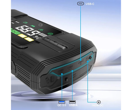 MANTA MAJS001AP 4V1 powerbank polnilna baterija, zagonska baterija / jump starter, brezžična zračna tlačilka / kompresor, LED luč, 12000mAh, 1200A, 150PSI/10.3bar, LCD zaslon, 12V adapter, USB Type-C