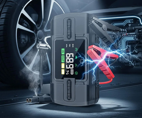 MANTA MAJS001AP 4V1 powerbank polnilna baterija, zagonska baterija / jump starter, brezžična zračna tlačilka / kompresor, LED luč, 12000mAh, 1200A, 150PSI/10.3bar, LCD zaslon, 12V adapter, USB Type-C