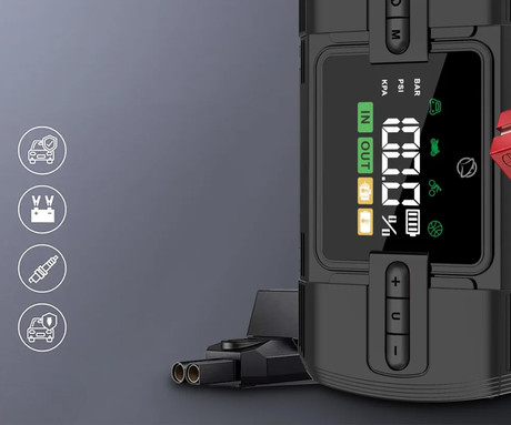 MANTA MAJS001AP 4V1 powerbank polnilna baterija, zagonska baterija / jump starter, brezžična zračna tlačilka / kompresor, LED luč, 12000mAh, 1200A, 150PSI/10.3bar, LCD zaslon, 12V adapter, USB Type-C