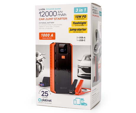 Platinet PMPBC12 zagonska baterija / jump starter, 1000A, 12.000mAh, powerbank, Power Delivery, 2x USB Type-A, 1x USB Type-C, digitalni zaslon, LED luč, +torbica