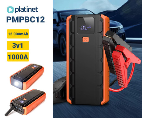 Platinet PMPBC12 zagonska baterija / jump starter, 1000A, 12.000mAh, powerbank, Power Delivery, 2x USB Type-A, 1x USB Type-C, digitalni zaslon, LED luč, +torbica