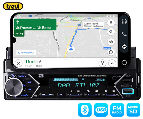 TREVI SCD 5753 DAB avto radio, 1DIN, FM Radio, Bluetooth, 4x40W, MP3 / USB / AUX, nosilec za telefon, daljinski upravljalnik, aplikacija