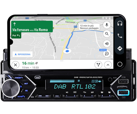 TREVI SCD 5753 DAB avto radio, 1DIN, FM Radio, Bluetooth, 4x40W, MP3 / USB / AUX, nosilec za telefon, daljinski upravljalnik, aplikacija