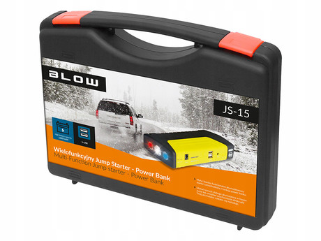 BLOW JS-15 zagonska baterija / jump starter, 12800mAh, powerbank, zaščita, varnostni dodatki, LED, 2x USB, kovček