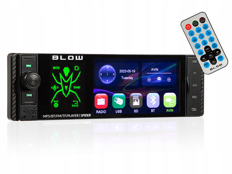 BLOW SPIDER avto radio, RDS, FM Radio, Bluetooth, 4x60W, zaslon na dotik, MirrorLink, RGB LED, telefoniranje, MP3 / USB / microSD / AUX, daljinski upravljalnik, 1-DIN