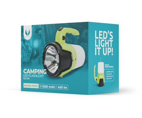 CAMPING večfunkcijska ročna LED svetilka, 450 lumnov, 3 načini svetenja, 1200mAh polnilna baterija, IP55 vodoodpornost, microUSB, ročaj, obešalo