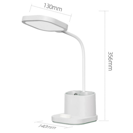 PDL008 namizna LED svetilka, 5v1, nastavljiva svetlost, posodica za pisala, stojalo za telefon, polnjenje naprav, nočna svetilka, polnilna baterija, nastavljiv vrat, bela