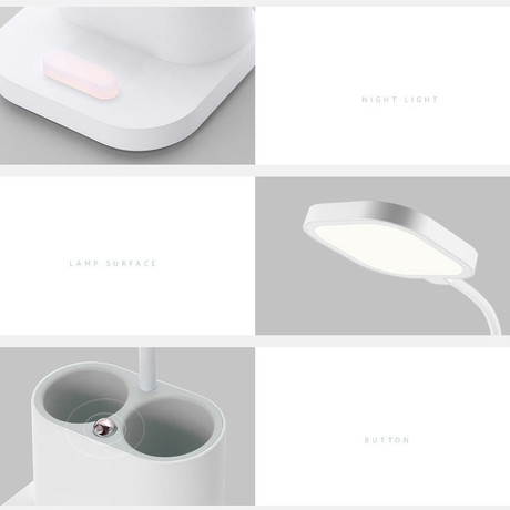 PDL008 namizna LED svetilka, 5v1, nastavljiva svetlost, posodica za pisala, stojalo za telefon, polnjenje naprav, nočna svetilka, polnilna baterija, nastavljiv vrat, bela