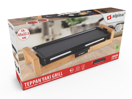 ALPINA Teppanyaki GRILL električna žar plošča, bambus, aluminij, moč 2000W, nastavljiva temperatura, 43x22,5 cm