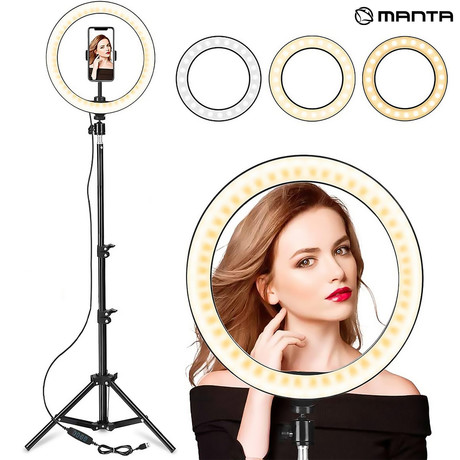 EOL - MANTA MRL003 Selfie Ring, premer 26cm, tripod stojalo do 210cm, držalo za telefon, nastavitev barve svetlobe in jakosti