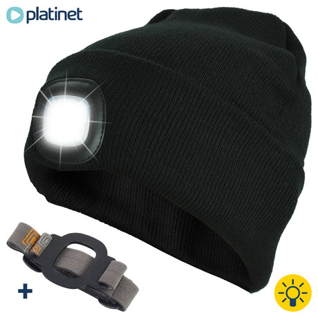 PLATINET kapa z LED lučko + naglavni trak, vgrajena baterija, USB polnjenje, 3x nastavitev jakosti, Unisex, črna