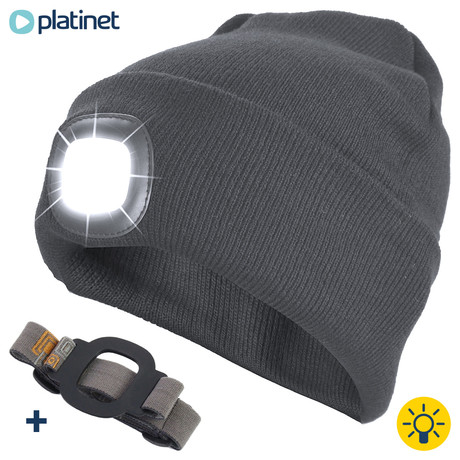 PLATINET kapa z LED lučko + naglavni trak, vgrajena baterija, USB polnjenje, 3x nastavitev jakosti, Unisex, siva
