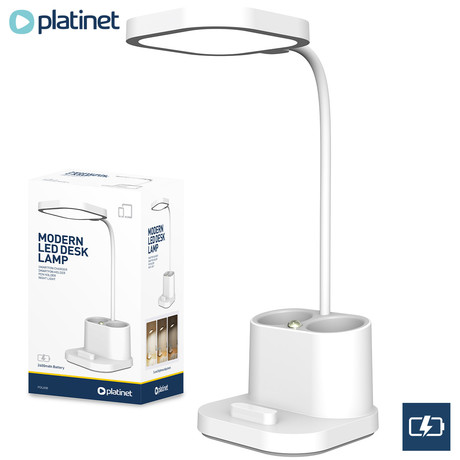 PLATINET PDL008 namizna LED svetilka, 5v1, nastavljiva svetlost, posodica za pisala, stojalo za telefon, polnjenje naprav, nočna svetilka, polnilna baterija, nastavljiv vrat, bela