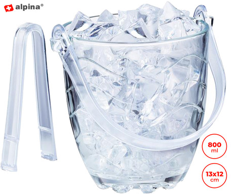 ALPINA posoda za led s kleščami, 13x12x12cm, 800ml, kakovostno steklo, ročaj za prenašanje