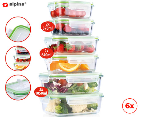 ALPINA komplet posod za shranjevanje živil in hrane, 6x posoda, steklo, plastični pokrov