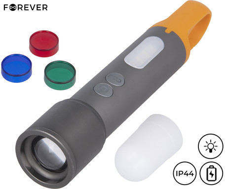 FOREVER TRAVELER ročna LED svetilka, 500 lumnov, 9 načinov svetenja, ZOOM funkcija, priloženi filtri, 1200mAh polnilna baterija, IP44 vodoodpornost, USB Type-C, karabin