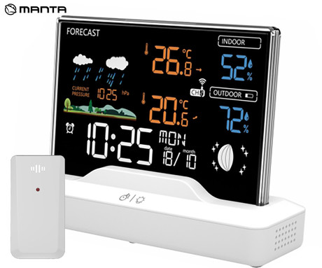 MANTA MTO100W WINDY vremenska postaja, namizna, čas, vreme, temperatura, vlažnost, tlak, lunine mene, priložen 1x brezžični senzor, bela