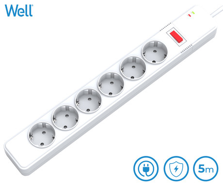 Prenapetostna zaščita EXTS-6S5M-WL, 6x vtičnica 220/250V, 16A, 3500W, 5m