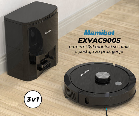 Mamibot EXVAC900S robotski sesalnik s postajo, 3v1 hibrid (sesanje, pometanje, pomivanje), 4000Pa, LDS 5.0 navigacija, WiFi, aplikacija, 2v1 CRAFT Y postaja, črn