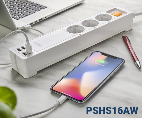 PLATINET PSHS16AW pametni podaljšek, 3x SCHUKO, 4x USB-A, WIFI, Tuya aplikacija, Android + iOS, 16A, 3680W