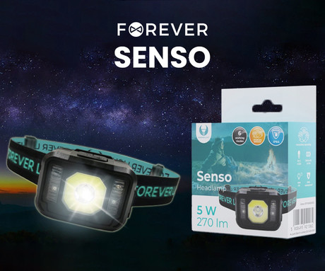 FOREVER SENSO naglavna LED svetilka, 3W, 270 lumnov, 4 načini svetenja, polnilna baterija, upravljanje z gestami, senzor gibanja, IP64 vodoodpornost, črna