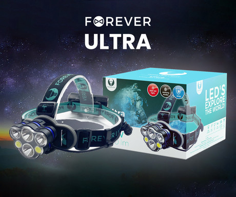 FOREVER ULTRA naglavna LED svetilka, 6W, 500 lumnov, več načinov svetenja, polnilna baterija, upravljanje z gumbi, IP64 vodoodpornost, črna