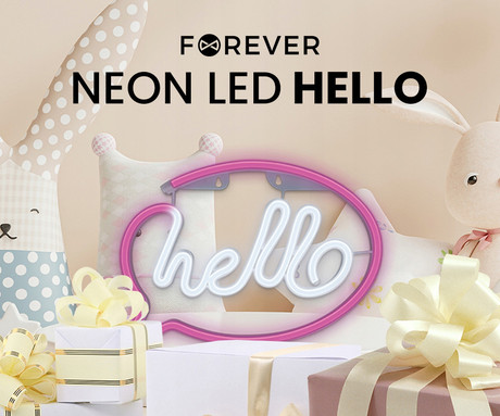 FOREVER Hello NEON LED luč, dekorativna, napajanje na USB ali 3x AA baterije, stikalo za vklop / izklop, roza, bela