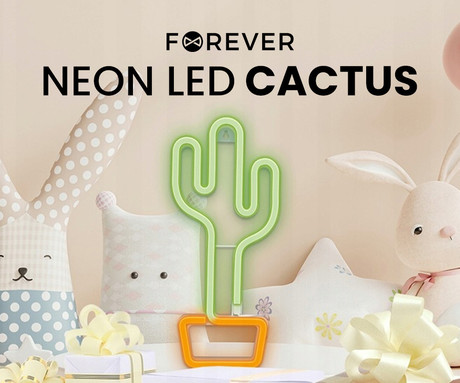 FOREVER Cactus NEON LED luč, dekorativna, napajanje na USB ali 3x AA baterije, stikalo za vklop / izklop, zelena, oranžna