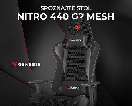 GENESIS NITRO 440 G2 Mesh gaming / pisarniški stol, ergonomski, nastavljiva višina / naklon, zibanje, 2x blazina, kolesa CareGLide™, tkanina SensiMesh™, črn