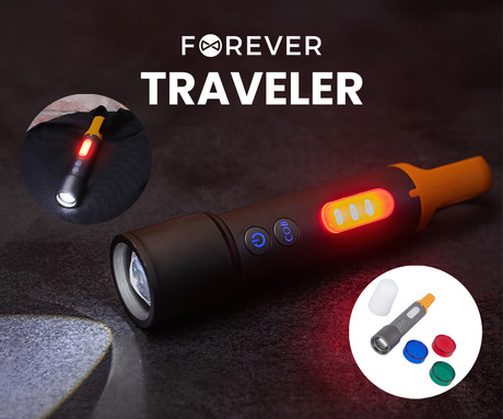 FOREVER TRAVELER ročna LED svetilka, 500 lumnov, 9 načinov svetenja, ZOOM funkcija, priloženi filtri, 1200mAh polnilna baterija, IP44 vodoodpornost, USB Type-C, karabin