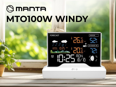 MANTA MTO100W WINDY vremenska postaja, namizna, čas, vreme, temperatura, vlažnost, tlak, lunine mene, priložen 1x brezžični senzor, bela