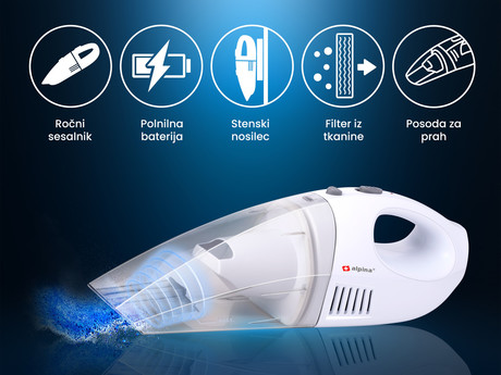EOL - ALPINA ročni sesalec, 1.6kPa, 30W, 4.8V, 500ml, polnilna baterija, bel