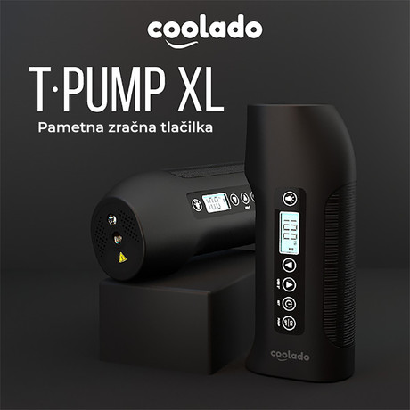 EOL - COOLADO tPump XL prenosna brezžična tlačilka, za kolesa / gume / žoge / igrače, baterija, zaslon, različni nastavki, LED luč, etui, črna