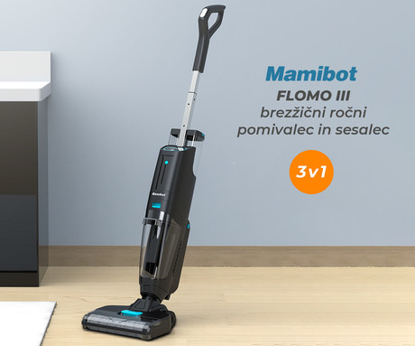 MAMIBOT FLOMO III sesalnik in pomivalec, 3v1, brezžično delovanje, 13.000Pa sesalna moč, polnilna baterija, UV dezinfekcija, funkcija samočiščenja, LED zaslon, za vse površine, črn