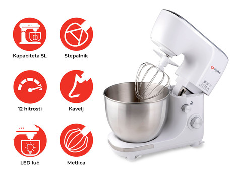 EOL - ALPINA kuhinjski robot, 5L posoda, 12 hitrosti, pulzna funkcija, 3 nastavki, bel
