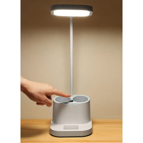 PDL008 namizna LED svetilka, 5v1, nastavljiva svetlost, posodica za pisala, stojalo za telefon, polnjenje naprav, nočna svetilka, polnilna baterija, nastavljiv vrat, bela