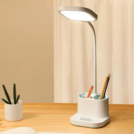 PDL008 namizna LED svetilka, 5v1, nastavljiva svetlost, posodica za pisala, stojalo za telefon, polnjenje naprav, nočna svetilka, polnilna baterija, nastavljiv vrat, bela