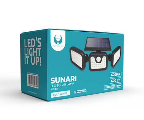 SUNARI FLS-03 solarni LED reflektor, brezžičen, polnilna baterija, PIR senzor gibanja, 600 LM, 6000K, 3 načini delovanja, 2400 mAh, IP65, črn