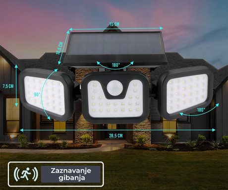 SUNARI FLS-03 solarni LED reflektor, brezžičen, polnilna baterija, PIR senzor gibanja, 600 LM, 6000K, 3 načini delovanja, 2400 mAh, IP65, črn