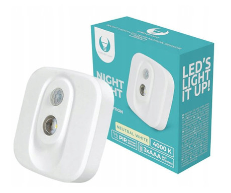FLC-02 LED svetilka, PIR senzor gibanja, nočna, garderobna, 50 LM, 4000K, baterijsko delovanje, 4,5V, ABS, bela