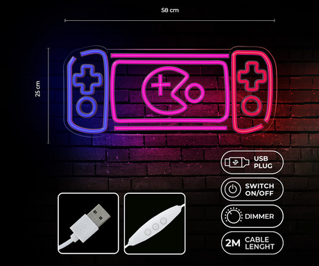 FOREVER Console NEON LED luč, dekorativna, prilagodljiva svetlost, napajanje na USB, stikalo za vklop / izklop, 580x250mm, modra, rdeča, roza