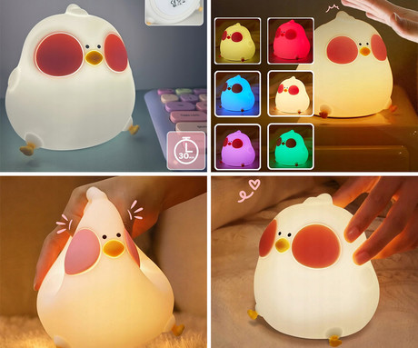 CHICKEN nočna LED svetilka, ambientalna, brezžična, 3 načini svetenja, RGB način, časovnik, polnilna baterija, silikon, USB Type-C, + kabel