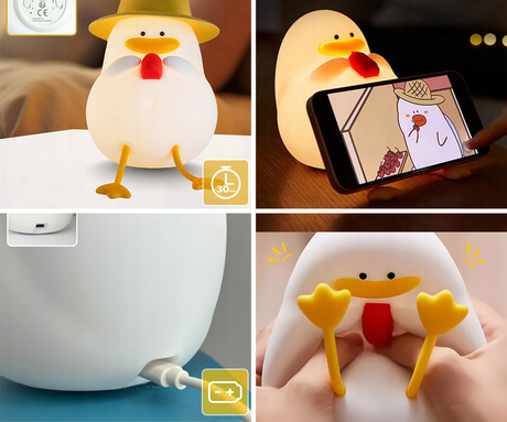 DUCK nočna LED svetilka, ambientalna, brezžična, 2 načina svetenja, časovnik, polnilna baterija, silikon, USB Type-C, + kabel
