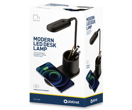 PDL1930 namizna LED svetilka, upogljiva, 530 lumnov, 3 načini svetenja, brezžični polnilec, vgrajeno stojalo, USB Type-C, 150cm kabel, IP20, črna