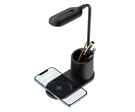 PDL1930 namizna LED svetilka, upogljiva, 530 lumnov, 3 načini svetenja, brezžični polnilec, vgrajeno stojalo, USB Type-C, 150cm kabel, IP20, črna