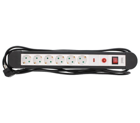 EXTS-6S3M-PROT-02-WL električni podaljšek s prenapetostno zaščito, 6x SCHUKO, 16A, 3500W, črno-bel