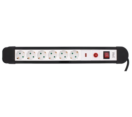 EXTS-6S3M-PROT-02-WL električni podaljšek s prenapetostno zaščito, 6x SCHUKO, 16A, 3500W, črno-bel